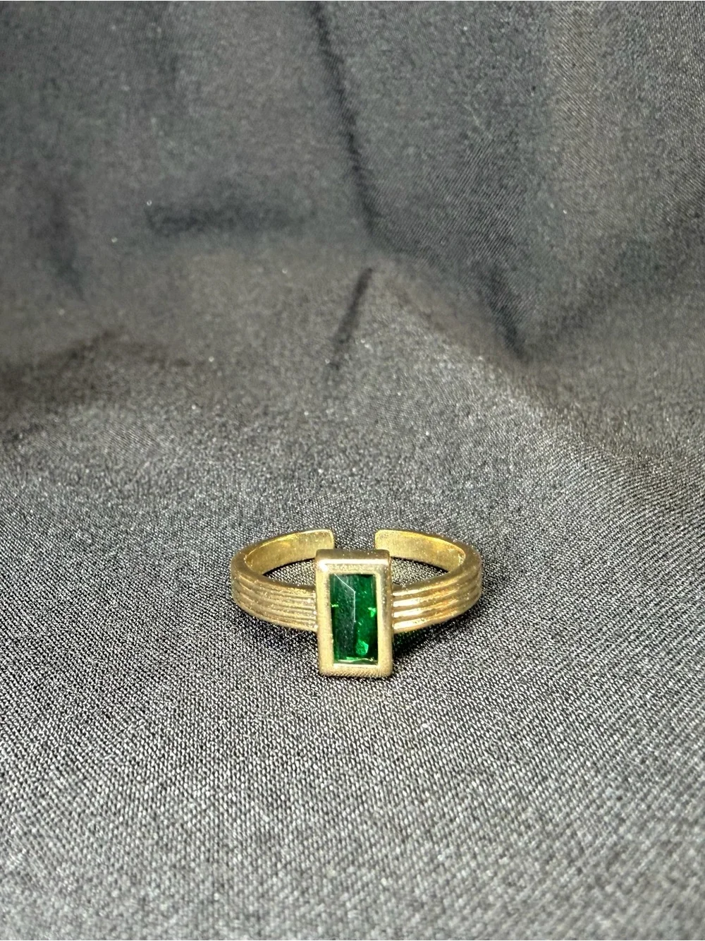 Gold Tone Emerald Green Baguette Ring | Minimalist Bezel Set Statement Ring